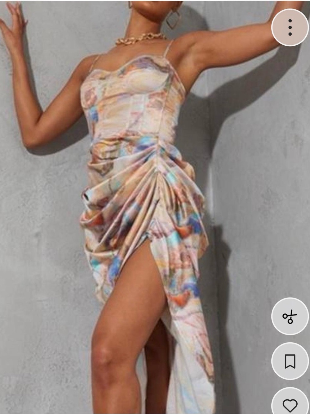 Strapless Ruched Cinched Watercolor Marble Print Maxi Dress in Multicolor Slit